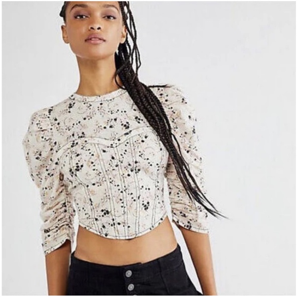 Free People Floral Puff Sleeve, Open Back, Corset Crop Top